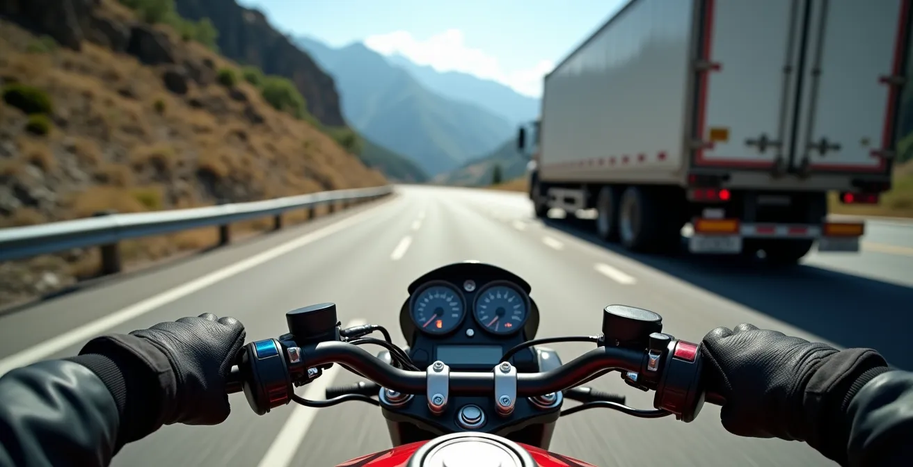 Vista desde el manillar de una moto adelantando a un camión en una carretera de montaña con buena visibilidad.