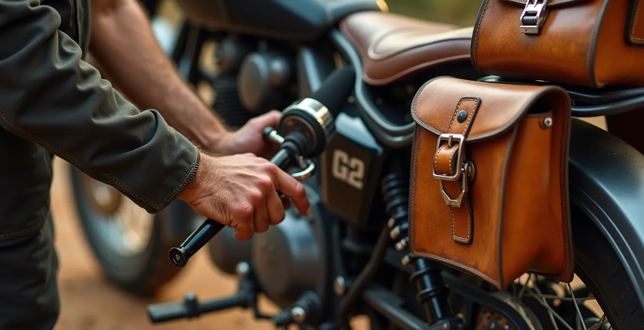 Mecánico ajustando la precarga del amortiguador trasero de una moto touring cargada con equipaje típico español