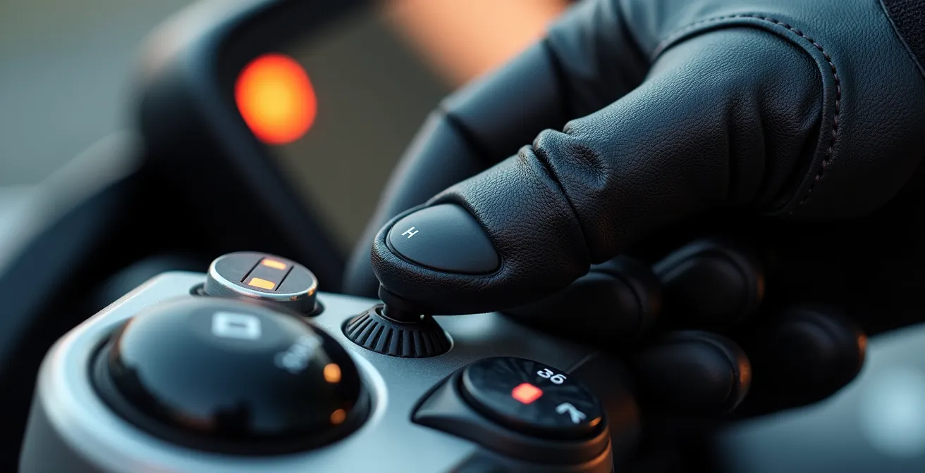 Mano ajustando controles electrónicos en manillar de motocicleta