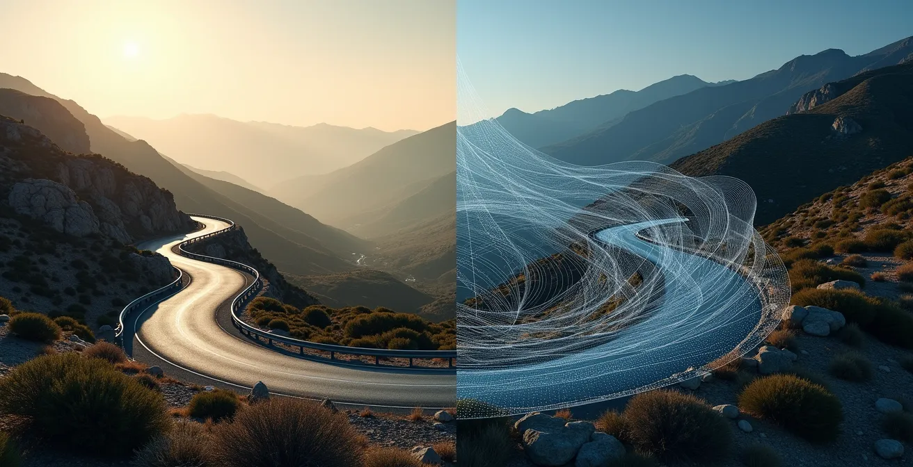 Visualización abstracta de algoritmos de navegación calculando rutas con curvas en carreteras de montaña