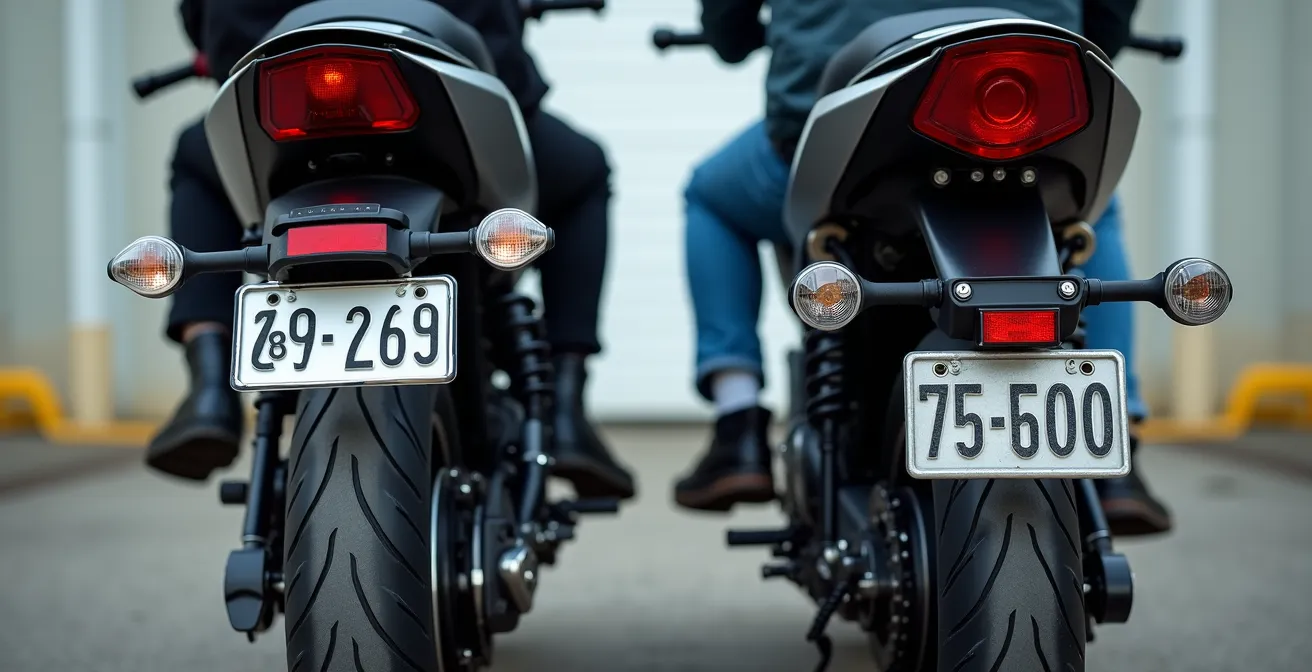 Comparación visual del ángulo correcto e incorrecto del portamatrículas de moto