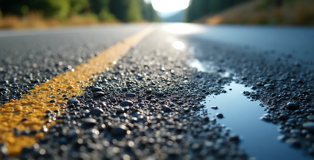Detalle macro de superficie de asfalto mostrando contraste entre zonas secas y húmedas