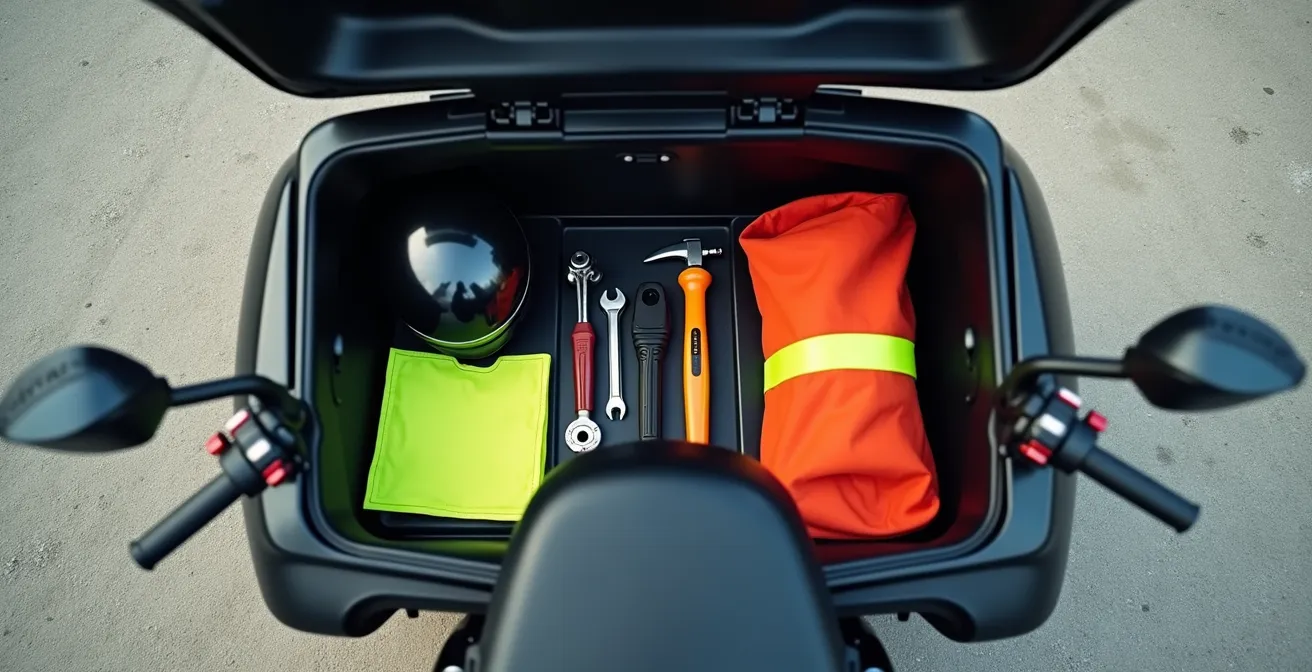 Vista cenital del baúl de una moto abierto mostrando chaleco reflectante y herramientas