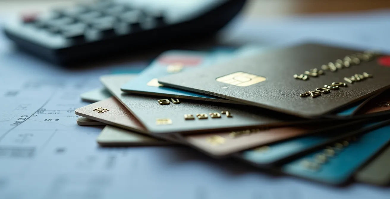 Vista macro de tarjetas de crédito apiladas con calculadora borrosa al fondo