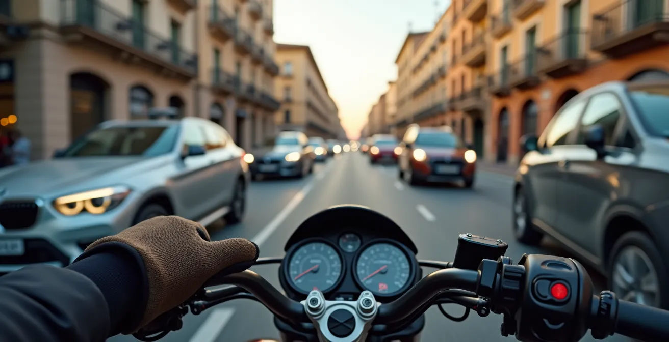 Vista desde el asiento del piloto mostrando el tráfico denso en ciudad española