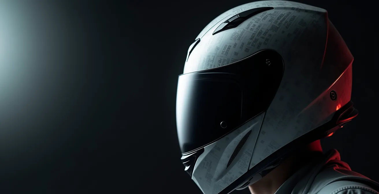 Perfil aerodinámico de casco de moto mostrando flujo de aire y reducción de turbulencias