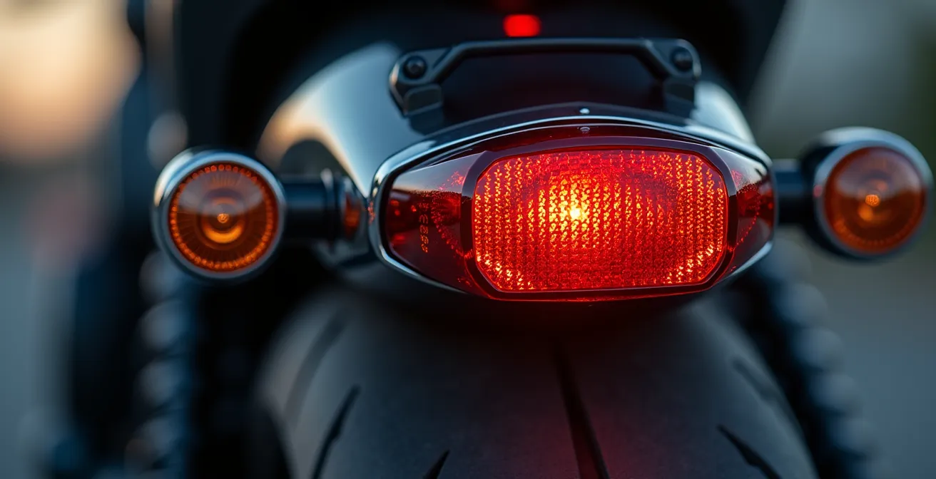 Detalle macro de catadióptrico trasero instalado correctamente en portamatrículas de motocicleta