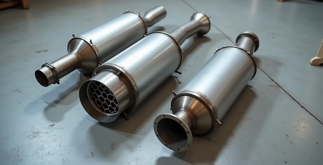 Comparación visual entre escape con catalizador y sin catalizador en motocicleta