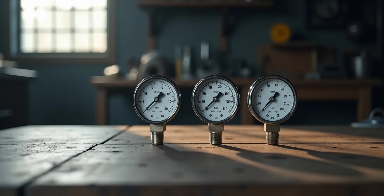 Mesa de taller con tres manómetros diferentes dispuestos sobre superficie de madera oscura mostrando tipos digital, analógico y de bolsillo