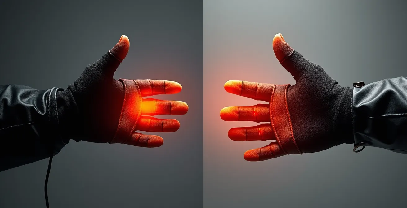 Comparación visual entre puños calefactables que calientan la palma y guantes calefactables que distribuyen el calor por toda la mano