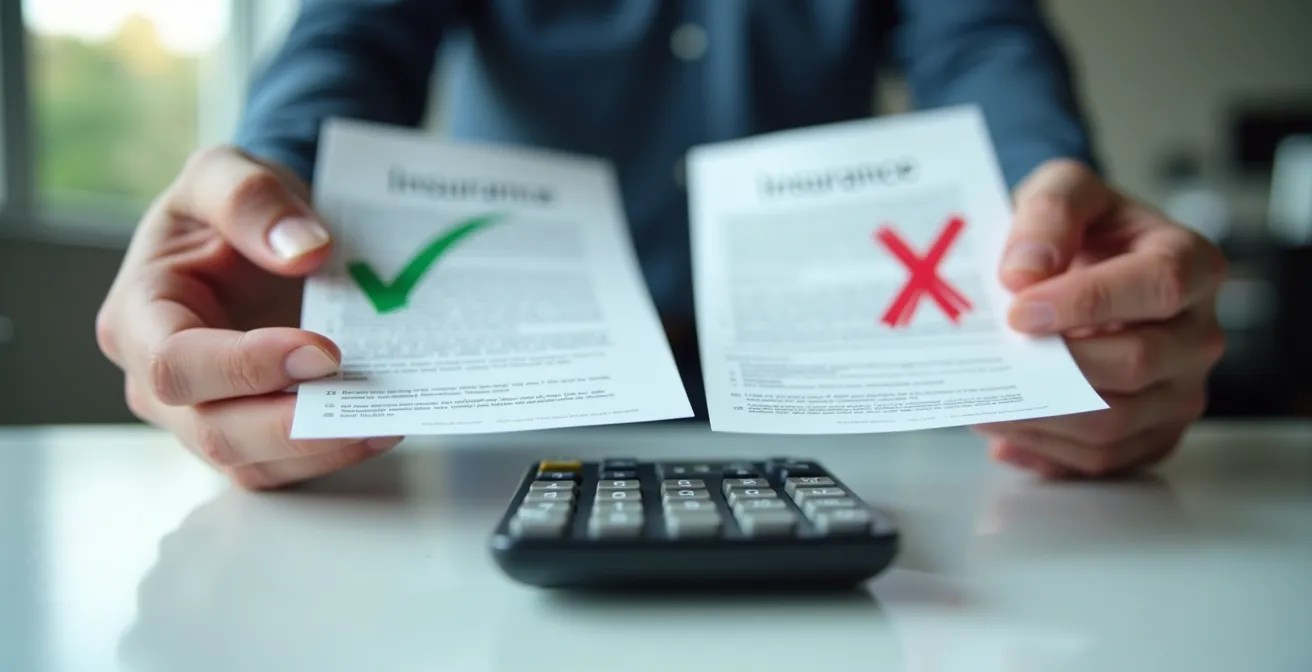 Manos comparando documentos de seguro sobre mesa con calculadora mostrando diferentes cantidades