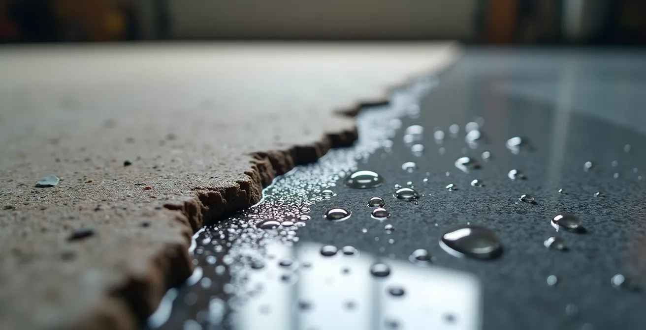 Detalle macro de texturas de pavimento de garaje mostrando diferencias entre hormigón fratasado y pintura epoxi