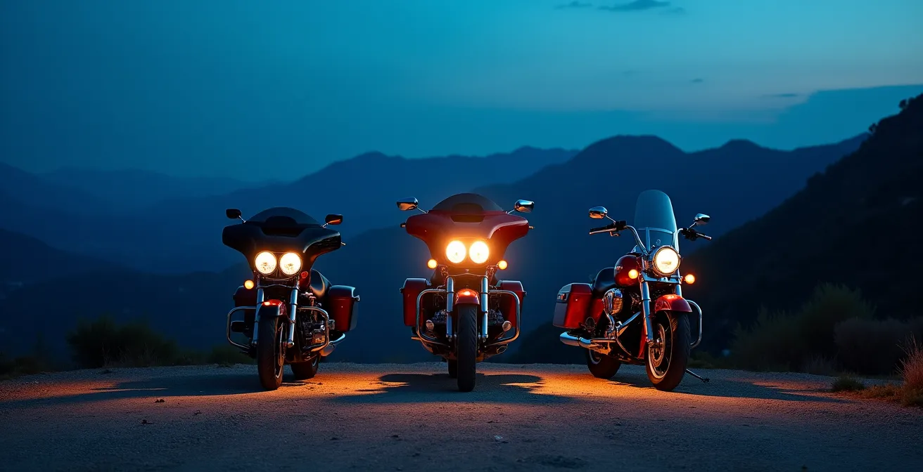 Tres motos Gran Turismo diferentes estacionadas en mirador de montaña español