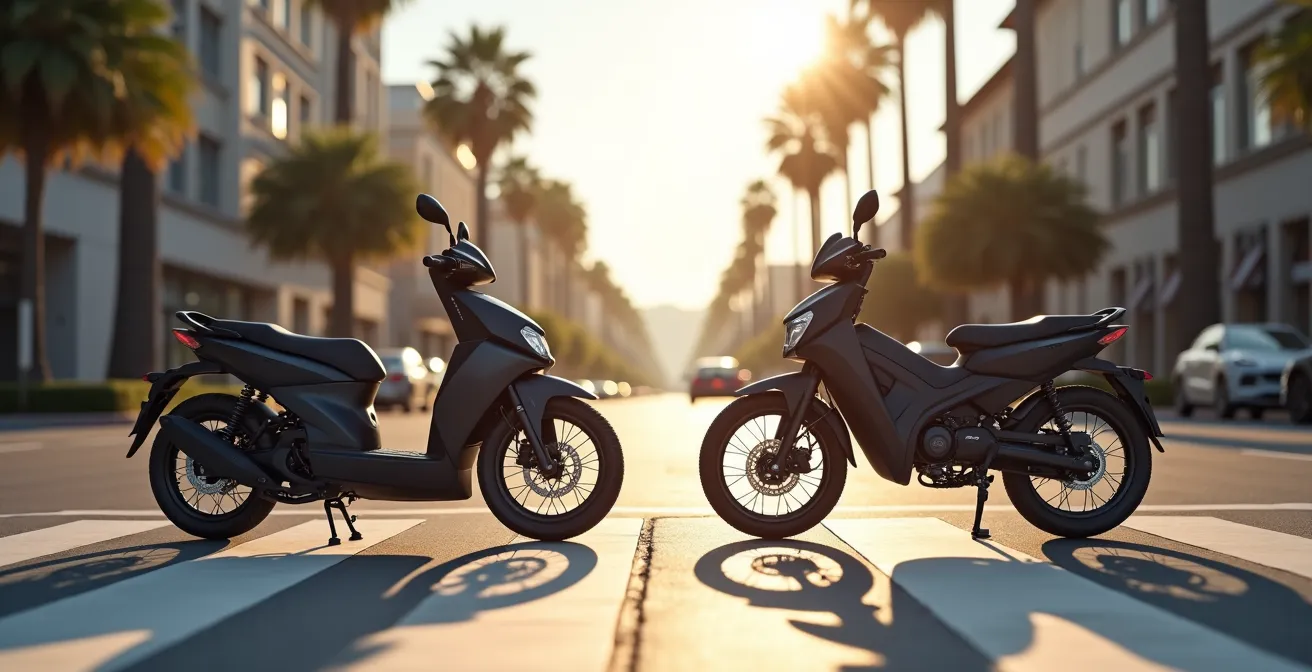 Composición comparativa mostrando moto eléctrica y bicicleta eléctrica en entorno urbano español