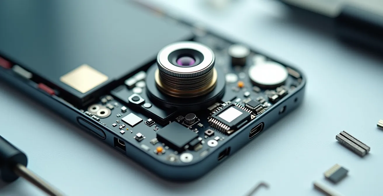 Vista macro del módulo de cámara de smartphone mostrando el mecanismo OIS dañado