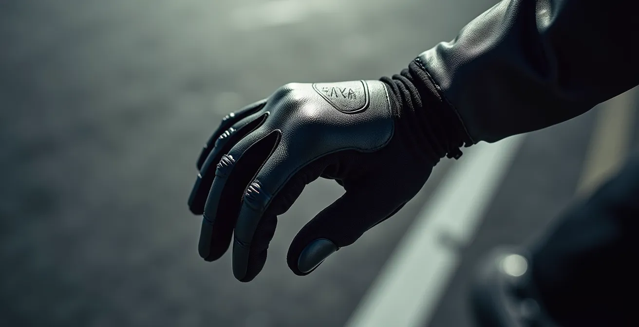 Vista de deslizadera en la palma de un guante de motociclista profesional