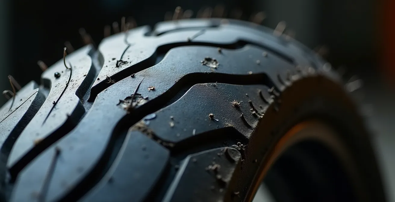 Detalle macro de desgaste irregular en flanco de neumático deportivo