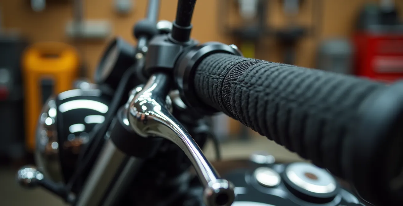 Detalle macro de puños de moto mostrando diferencia entre diámetros custom y estándar