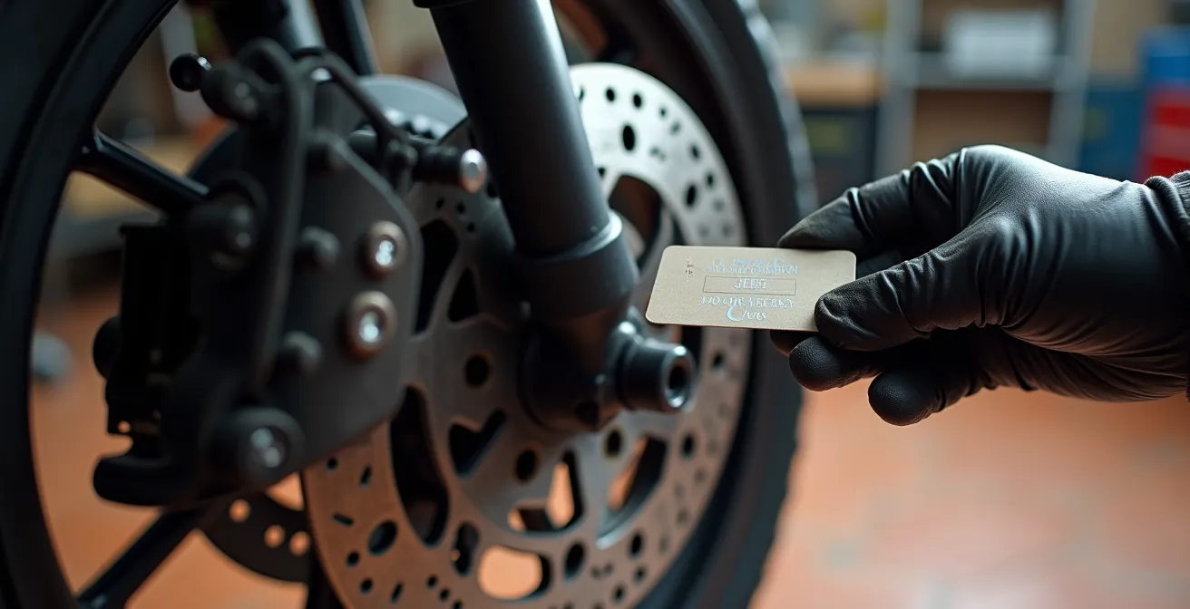 Disco de freno de motocicleta mostrando surcos y escalón de desgaste