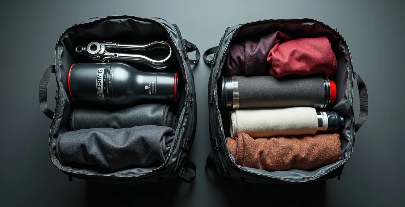 Vista cenital de maletas laterales abiertas mostrando distribución correcta del equipaje