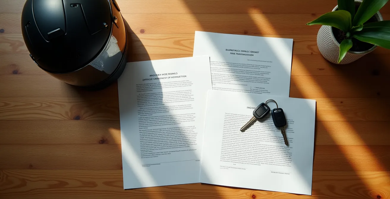 Mesa con documentos oficiales de moto preparados para inspección técnica de vehículos