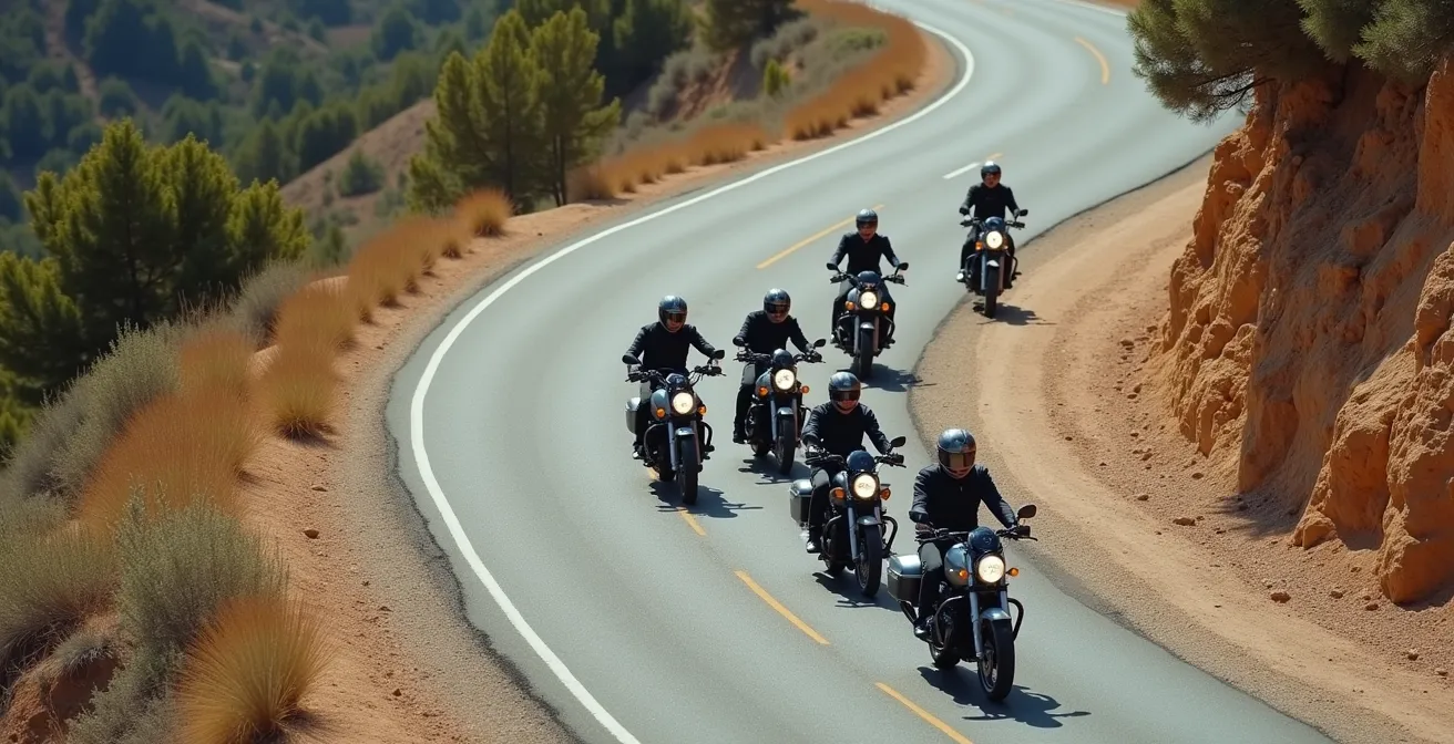 Vista aérea de grupo de motocicletas en formación escalonada en carretera de montaña española