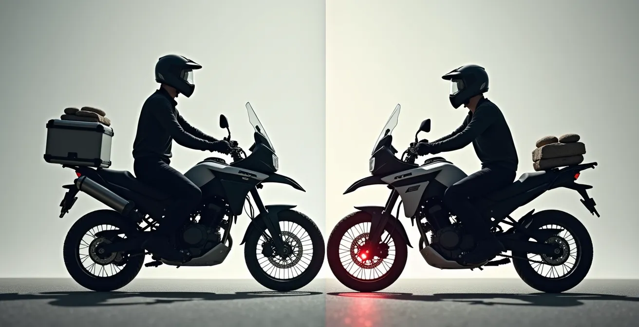 Comparación visual del centro de gravedad en moto con top case vacío versus sobrecargado