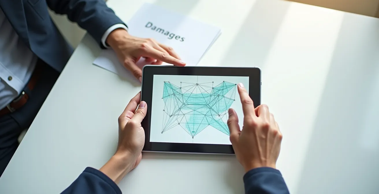 Empleado de alquiler marcando daños en tablet mientras cliente graba el proceso