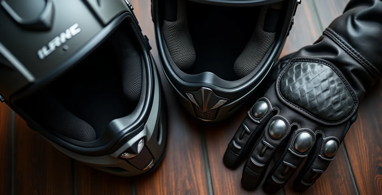 Equipamiento de seguridad para moto 125cc dispuesto sobre mesa de madera