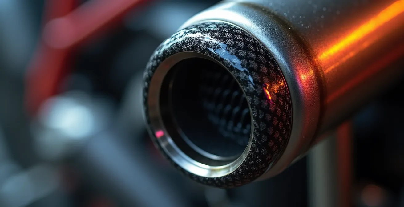 Detalle macro de escape deportivo con marcado de homologación CE