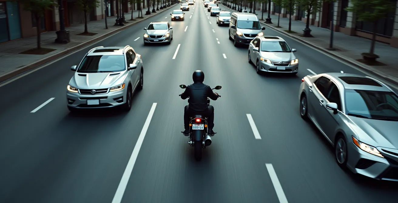 Vista aérea de moto filtrando de forma segura entre coches detenidos