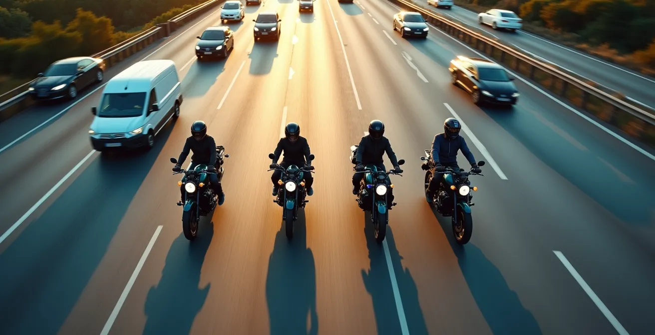 Grupo de motoristas en formación zigzag cubriendo ángulos muertos mutuamente