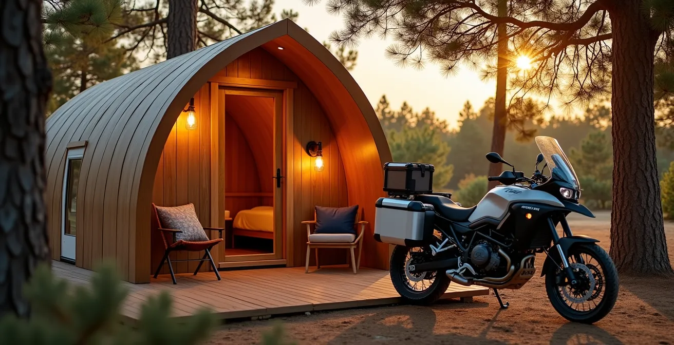Vista de un pod de madera entre pinos con una moto aparcada al lado al atardecer