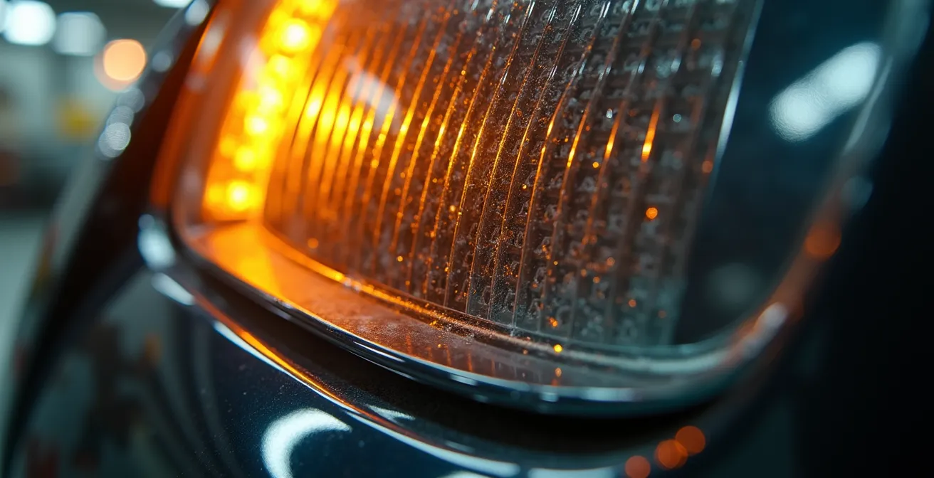 Detalle macro del grabado láser de homologación en cristal de intermitente de moto