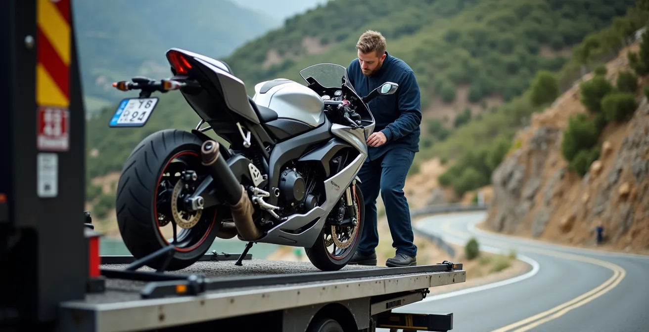 Grúa especializada remolcando motocicleta en carretera de montaña