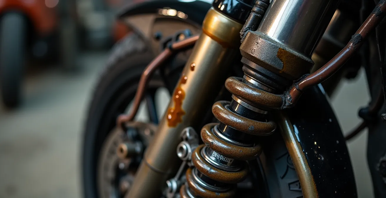 Detalle macro de horquilla de motocicleta comprimida durante frenada mostrando la física del peso