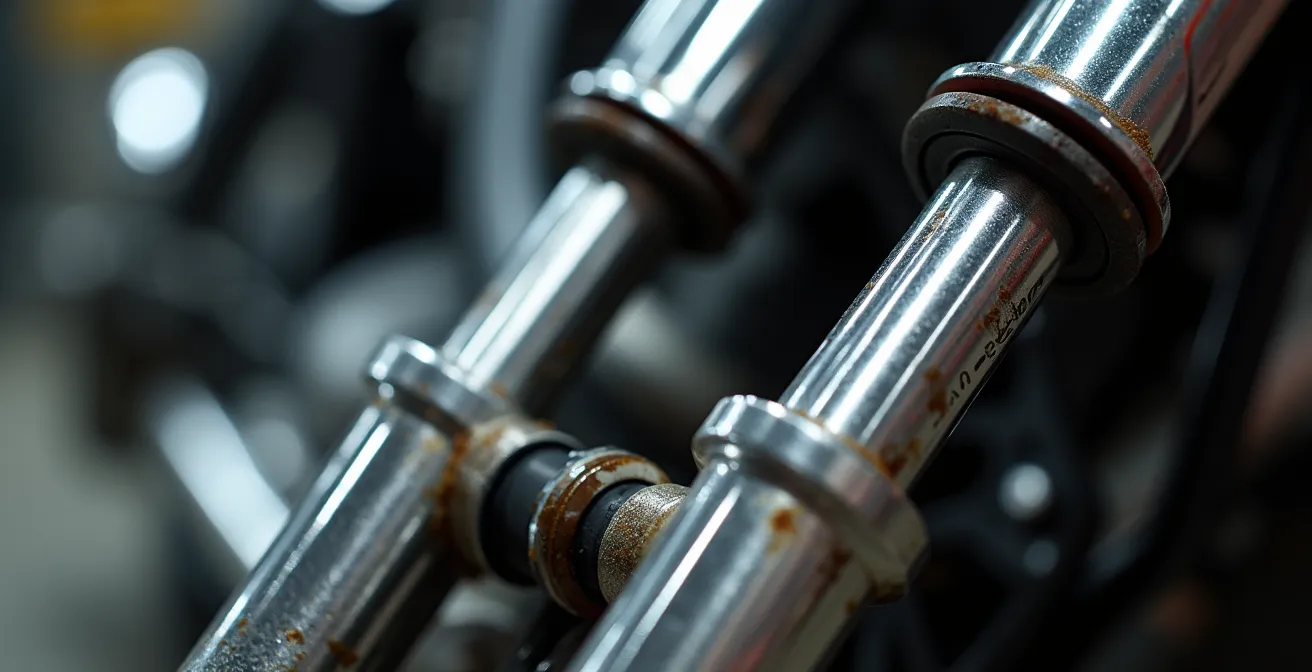 Detalle macro de la horquilla delantera de una moto mostrando el estado del sistema de suspensión