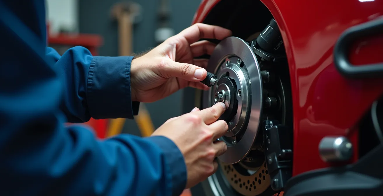 Inspección de grosor de pastilla de freno con linterna y espejo de mecánico