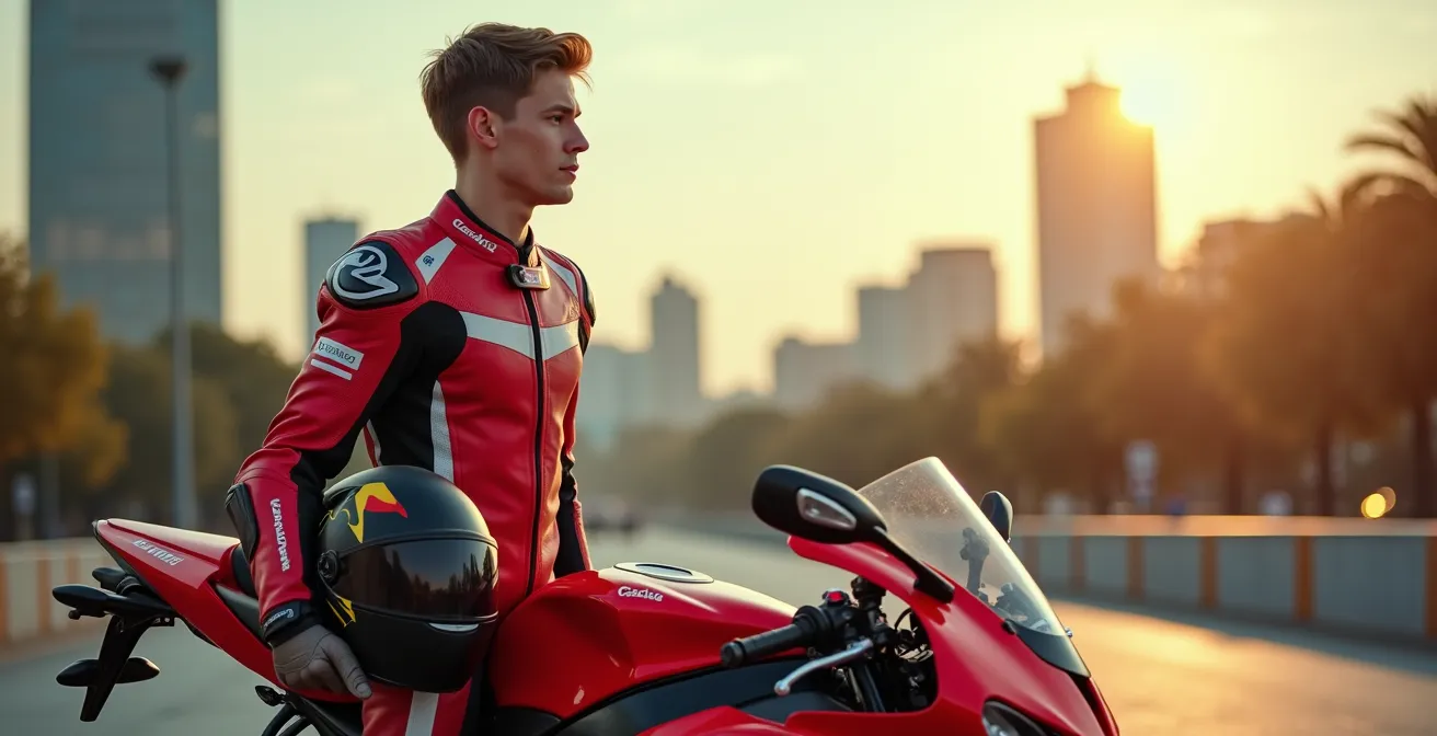 Motorista joven con superbike deportiva en entorno urbano de Madrid