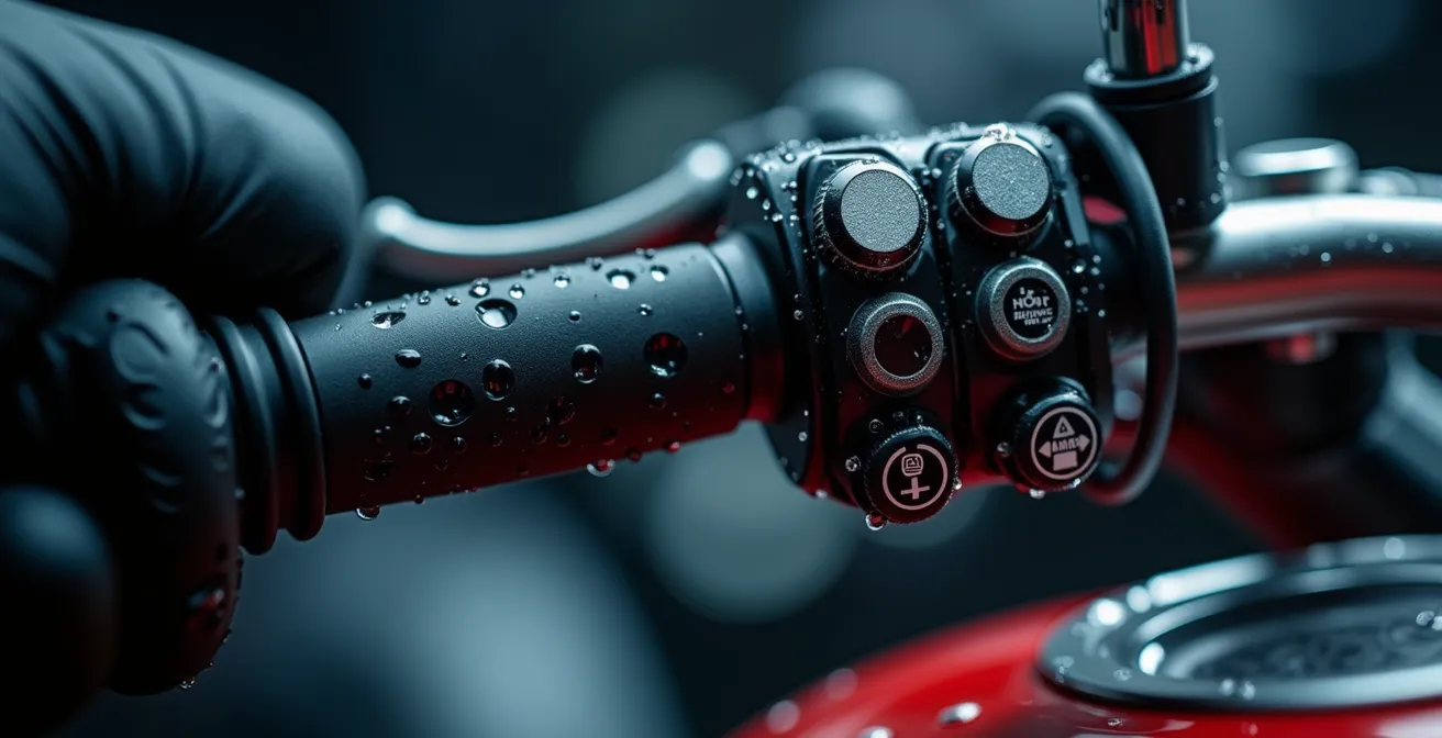 Persona limpiando una motocicleta con paño húmedo alrededor de los controles del manillar en un lavadero español