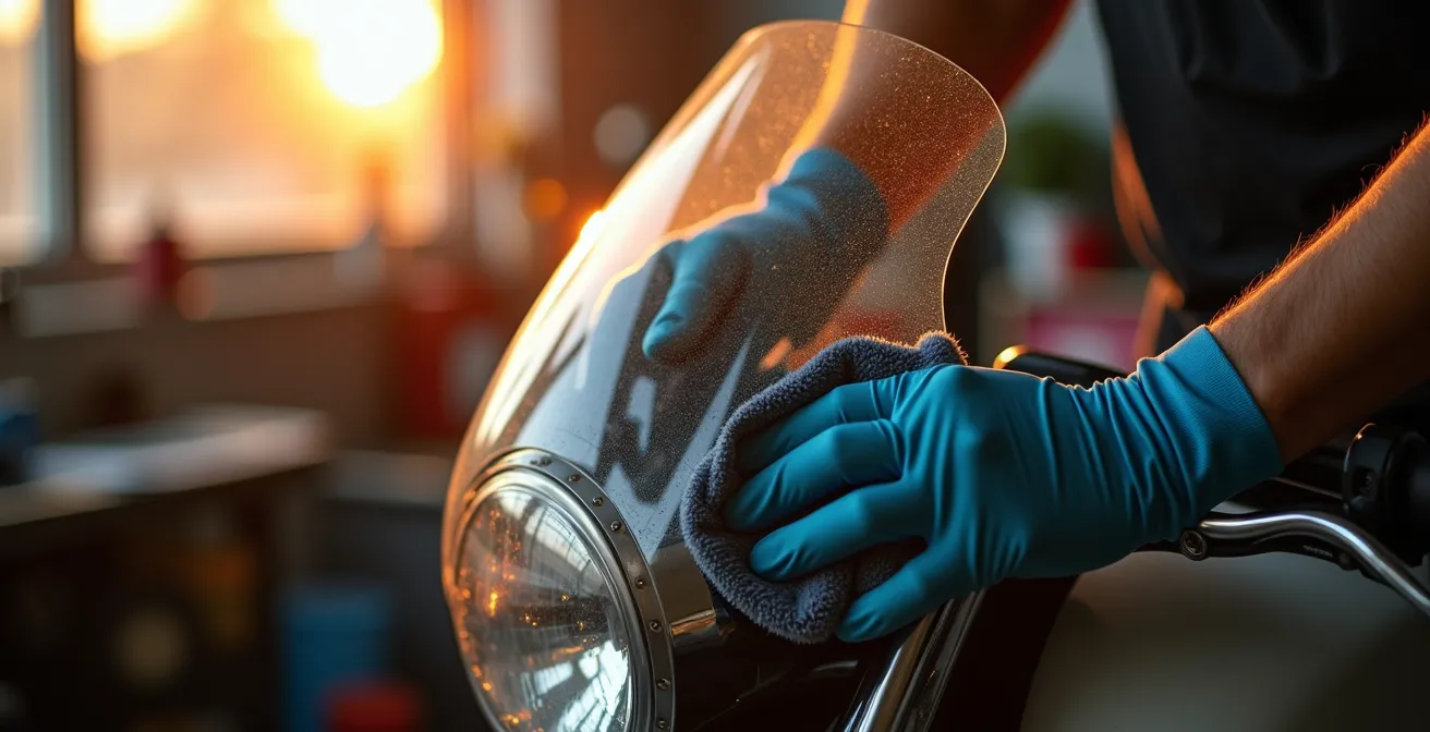 Manos con guantes limpiando cuidadosamente una cúpula de moto con paño de microfibra