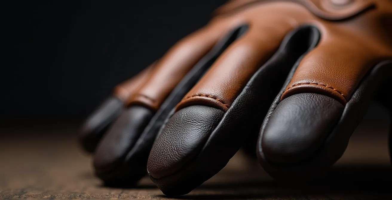 Detalle macro de costuras externas en guante de cuero de motociclista
