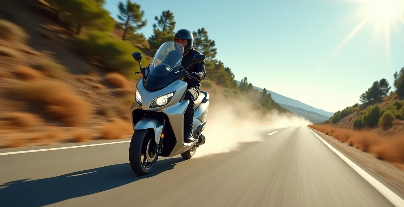 Maxiscooter circulando por autopista con viento lateral visible en vegetación
