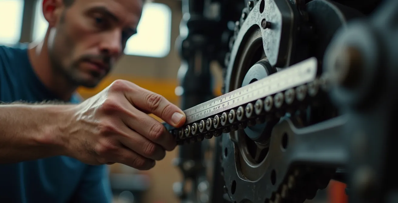 Mecánico midiendo la tensión de la cadena de motocicleta con regla milimetrada