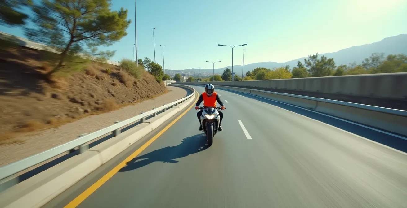 Motocicleta 125cc circulando por las Rondas de Barcelona con tráfico denso manteniendo posición segura
