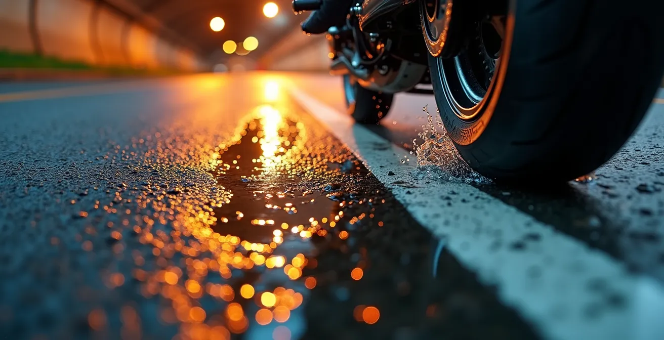 Motorista circulando con precaución en túnel de la M-30 bajo lluvia intensa