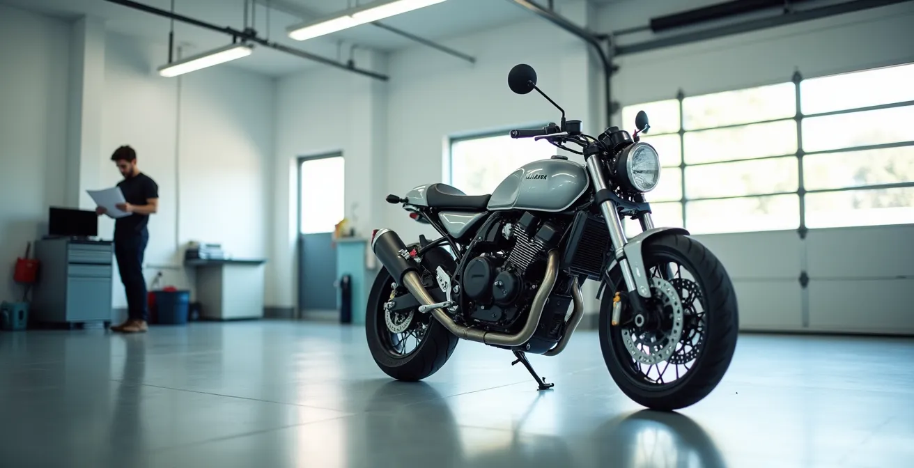 Moto de segunda mano con modificaciones no homologadas visibles en taller de inspección