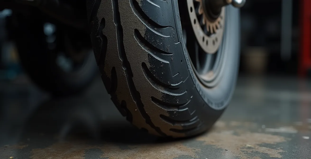 Vista macro del perfil de un neumático trasero de moto mostrando el desgaste plano central característico por circular con baja presión