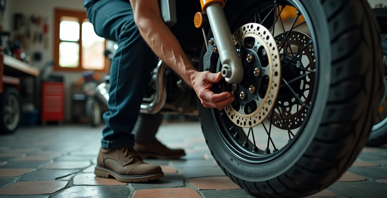 Mecánico instalando neumático premium en moto de turismo en taller especializado