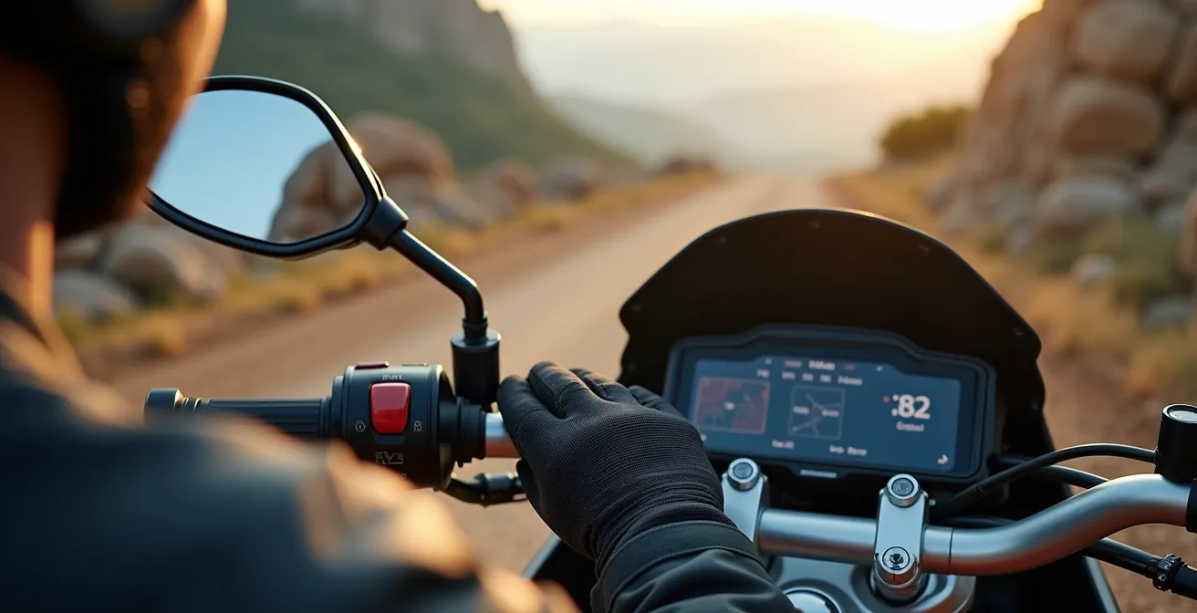 Detalle de controles electrónicos en manillar de moto trail